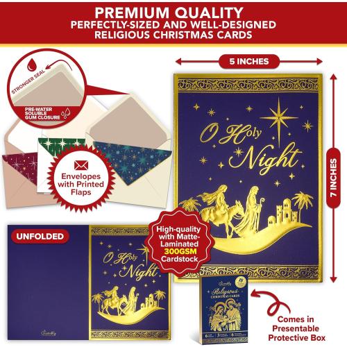 Decorably 18 Pack Gold Foil Embossed 5x7in Religious Christmas Cards with Envelopes & Stickers, 6 Elegant Holiday Designs Seasons Greetings for Friends & Loved Ones, Printed Message, Gifting, Mailing