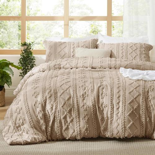 Bedsure Tufted Boho Comforter Set 104 x 90 Size - Khaki Boho Bed Set, GentleSoft™ 3 Pieces Farmhouse Shabby Chic Embroidery Bedding, Gifts for Woman, Soft