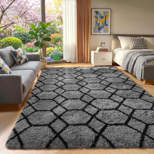LARGE Area Rugs for Bedroom Living Room, Fluffy Grey and Black Bedside Rug for Nursery Kids Teen Dorm, Soft Shaggy Geometric Plush Fuzzy Indoor Floor Carpet for Home Decor Aesthetic