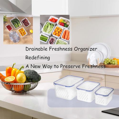 Fruit and Vegetable Storage Containers for Fridge, 6 Pcs/3 Sets Keep Fresh Produce Saver Containers Keeper, Food Storage Containers with Removable Colander (blue)