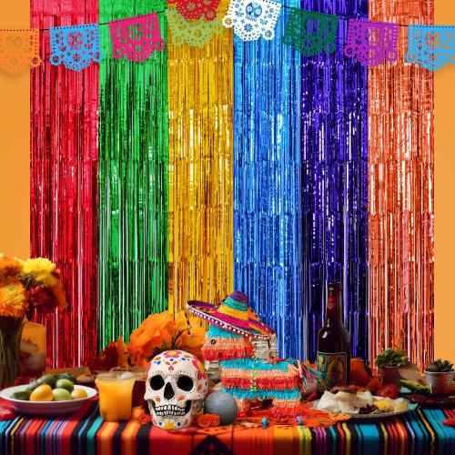 Mega-L Fiesta Taco Foil Fringe Curtains, Mexican Party Backdrop, 2 Pack