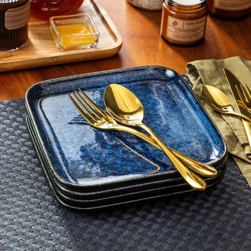vancasso Stern Square Dinner Plates Set of 4, 7.5 Inch Dessert Plates, Reactive Change Glaze Blue Serving Pasta Salad Plate Dish, Scratch Resistant