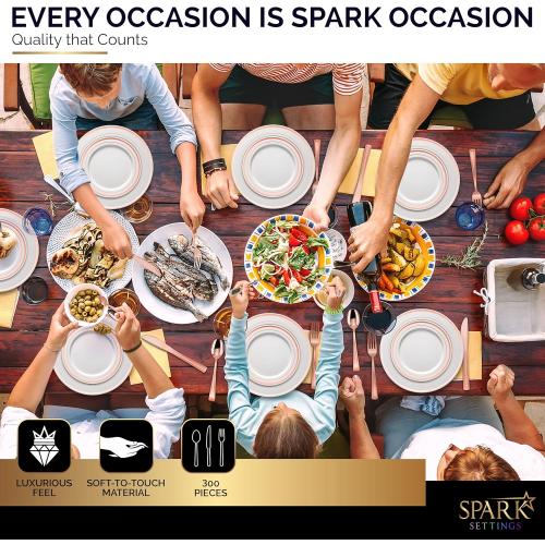 Heavy Duty Plastic Silverware Set - 300 Disposable Rose Gold Utensils (100 Forks, 100 Spoons & 100 Knives) for Party, Birthday, Wedding