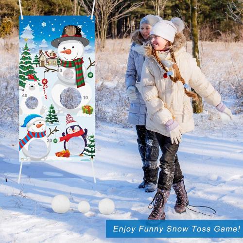 Elcoho 22 Pieces Snow Toss Games Banner Snow Toy Ball Set Winter Toss Cornhole Games Banner with Snow Toss Balls and Drawstring Bag for Xmas Indoor Outdoor Throwing Games Party Supplies