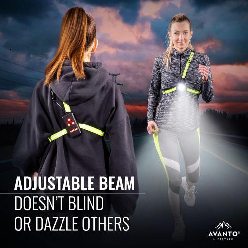 AVANTO Triple Beam Chest Lamp, Original, 500 Lumen LED Night Running Lights for Runners, Dog Walking Light, Long 5-7h Usetime, USB-C Rechargeable Battery, Running Headlamp, Reflective Vest
