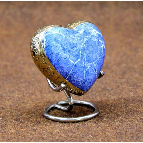 eSplanade Brass Mini Cremation Urn Heart-Shaped Keepsake Memorial Jar Pot Container | Small Urn for Funeral Ashes Burial | Stone Textured Keepsake with Stand | Blue - 2.75 Inches
