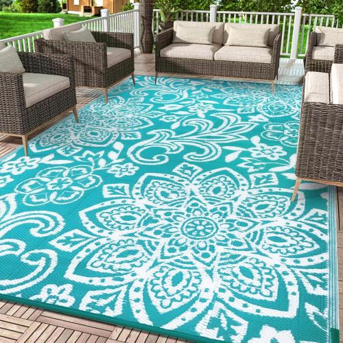 Findosom Waterproof Outdoor Rug 9' x 12' - Reversible Mandala Outdoor Plastic Straw Rug, Durable Foldable Patio Rug for RV, Deck, Balcony, Backyard, Picnic, Porch, Camping, Beach, Blue