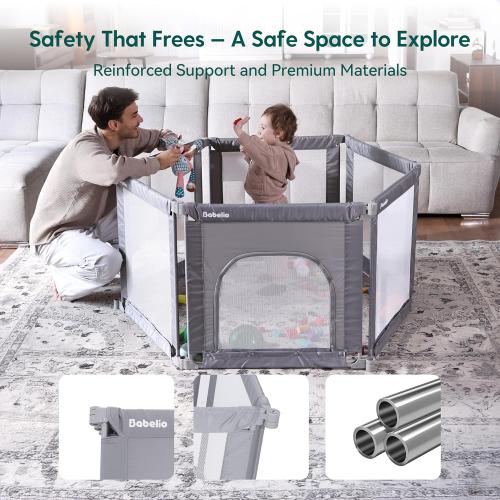 Babelio Wall Mountable Playard, Foldable Playpen for Babies and Toddlers- Adjustable Shape & Area, 62 * 31 Playpen with Zipper Gate, Portable Baby Fence for Indoor & Outdoor