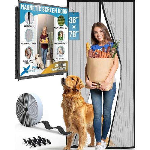 FLUX Magnetic Screen Door - Self-Closing, Pet-Friendly, Durable Polyester Mesh Screen Door with Powerful Magnetic Attachments, Keeps Bugs Out, Fits Sliding Doors and Standard Doors up to 36 x 78