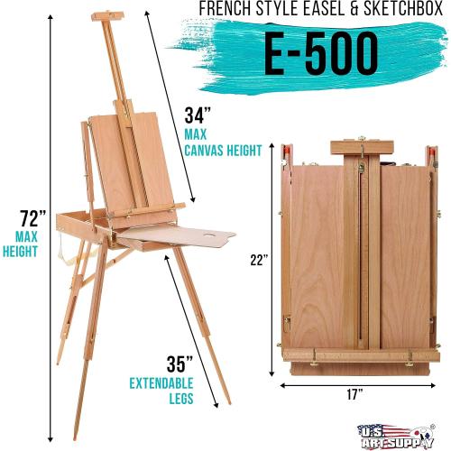 U.S. Art Supply Large Beechwood French Easel, Adjustable Plein Air Easels Sketchbox Tripod for Field & Studio Painting Easel for Adults, Drawing, Display - Portable with Artist Drawer & Palette