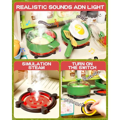 33.8IN - 70PCS Kids Kitchen Playset with Sound & Light - Cooking Stove with Steam, Play Sink and Toy Kitchen Accessories - Pretend Kitchen Play Food Toys for Kids Boys Girls - Toddler Play Kitchen Set