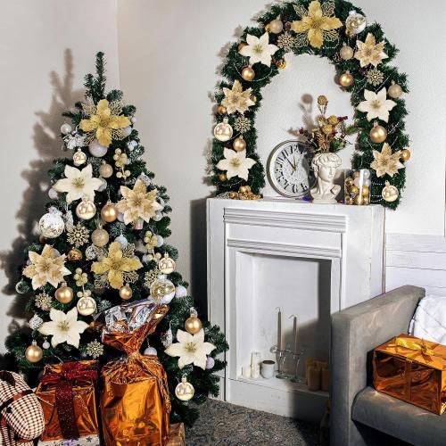76PCS Christmas Tree Decorations Set, Gold Christmas Ornaments Poinsettia Flowers Artificial Christmas Balls Star Topper Berry Stems Snowflakes Mesh Ribbons for Xmas Tree Decor (13 Style)