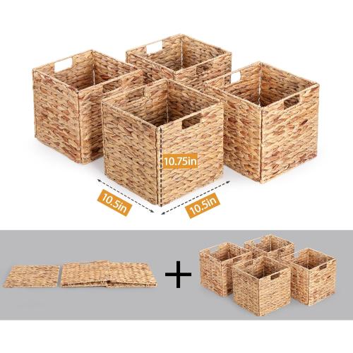 10.5 x 10.5in Wicker Storage Baskets, Cube Foldable Water Hyacinth Storage Baskets for 11 x 11 Cube Shelves Set of 4