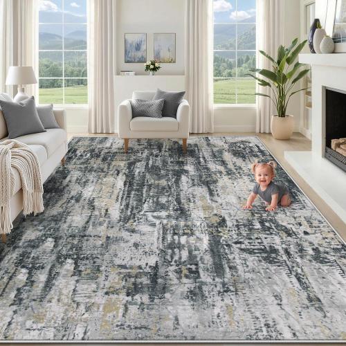 Area Rug for Living Room, Washable Modern Abstract Large Area Rug Neutral Soft Non Slip Kids Rug Stain Resistant Indoor Carpet for Bedroom Dining Room Playroom Office