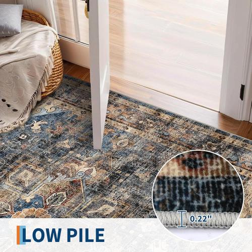 GarveeHome 10x13 Washable Vintage Living Room Area Rug: Vintage Machine Washable Area Rug for Living Room Indoor Large Non-Slip Bedroom Carpet Low Pile Stain Resistant Dining Room Carpet Blue&Brown