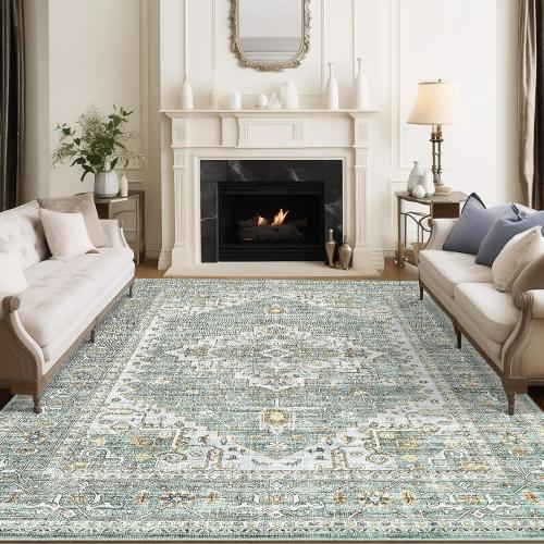 8x10 Area Rugs for Living Room, Stain Resistant Neutral Washable Rugs for Dining Room, Floral Vintage Non-Slip Thin Large Size Area Rug （Green）