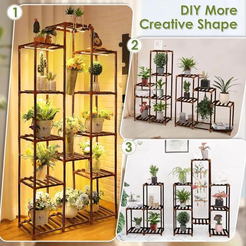 Dreyoo Plant Stand with Grow Lights, Wood Plant Shelf with Full Spectrum Grow Lamp for Indoor Corner, Vintage Multi Layer Lighted Stand for Living Room Balcony Display (13 Tiered Shape)
