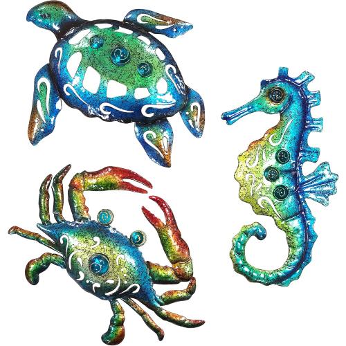 BVLFOOK Metal Sea Turtle Seahorse Crab Beach Themed Bathroom Wall Art Decor, Ocean Themed Wall Decorations for Home Bathroom,10 Inch, Set of 3