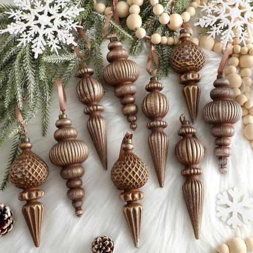 Yunlly 9 Pcs Neutral Christmas Ornaments Textured Christmas Tree Decor with Hanging Loop Modern Brown Hanging Finial Ornaments Shatterproof Home Decor for Xmas Vintage Rustic Farmhouse (Retro Color)