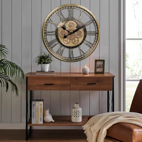 CLXEAST Gold Moving Gear Wall Clock for Modern Living Room Decor,Oversized Large Metal Roman Numeral Wall Clocks for Farmhouse Home Decor,28 Inch