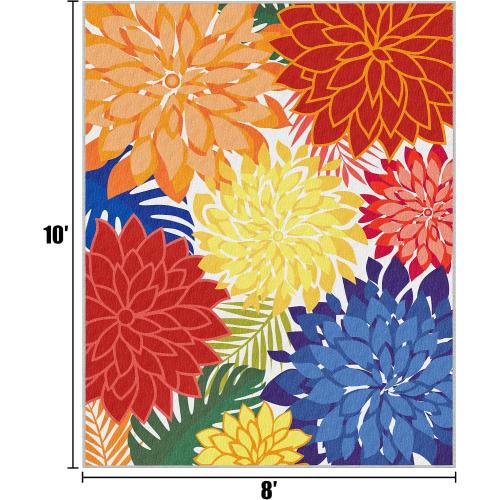 Indoor Outdoor Area Rug 8x10 Patio Washable Multicolored Patio Rug Tropical Botanical Modern Floral Indoor Outdoor Carpet Non-Slip for RV, Pool Deck, Backyard, Porch
