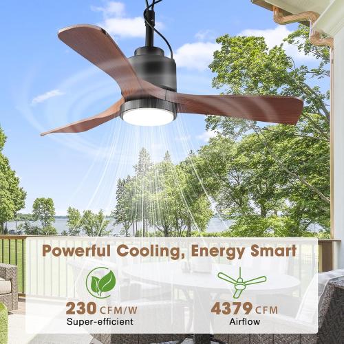 42 Outdoor Ceiling Fan with Light & Remote - IP65 Waterproof Plug in Hanging Fan, 6-Speed Reversible DC Motor, 1850LM Dimmable LED for Patio, Porch, Gazebo, Pergola (Matte Black)