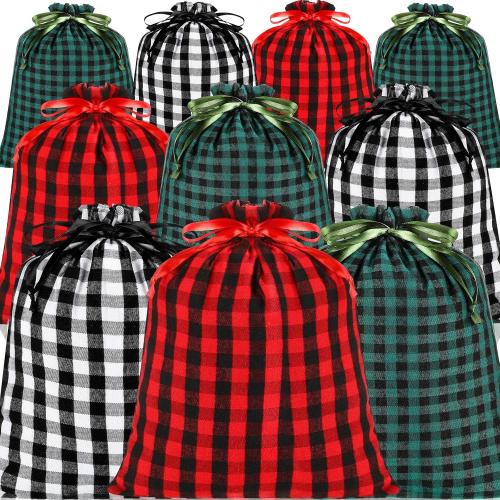 Zhengmy 30 Pcs Christmas Cotton Plaid Large Size Drawstring Bags Storage Sack Present Stocking Storage Cotton Buffalo Plaid Christmas Drawstring Bag for Xmas Gift Party Favors(Normal)