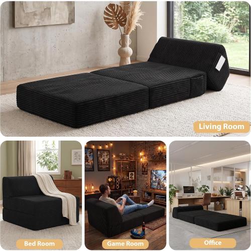 Kasunpul Folding Sofa Bed with Pillow, Memory Foam Fold Out Chair Bed, Convertible Sleeper Chair with Washable Cover, Futon Floor Couch for Living Room/Dorm/Guest Use/Home Office/Apartment, Black New