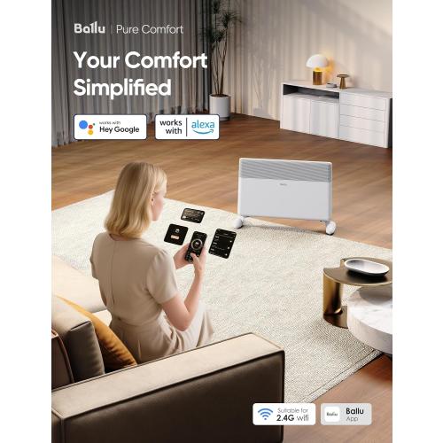 Ballu Convection Panel Space Heater for Large Room,1500W Electric Heater with Programmable Thermostat,WiFi App Control,Standing or Wall Mount,Smart Quiet Heater for Indoor Use,Works with Alexa,White