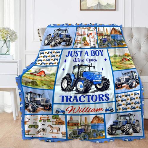 Custom Just A Boy Who Loves Tractors Blankets Gifts for Birthday Son On Bed Sofa,Personalized Premium Flannel Blankets for Christmas Thanksgiving, All Season Use 50''x 60'' -M