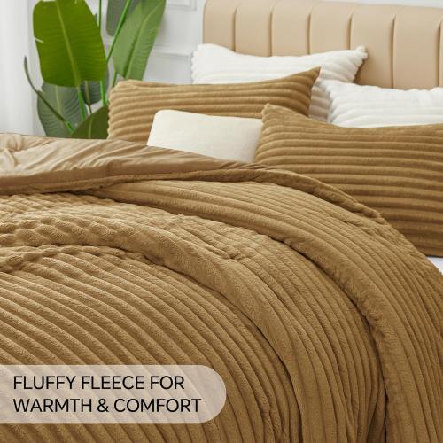 BEDELITE Fleece Queen Comforter Set -Super Soft & Warm Fluffy Brown Bedding, Luxury Fuzzy Heavy Bed Set for Winter with 2 Pillow Cases