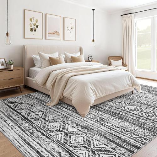 5x7 Area Rug for Living Room, Washable Non-Slip Large Area Rug, Indoor Floor Carpet Low Pile Soft Boho Farmhouse Rug for Bedroom Dining Room （White/Black，5x7）