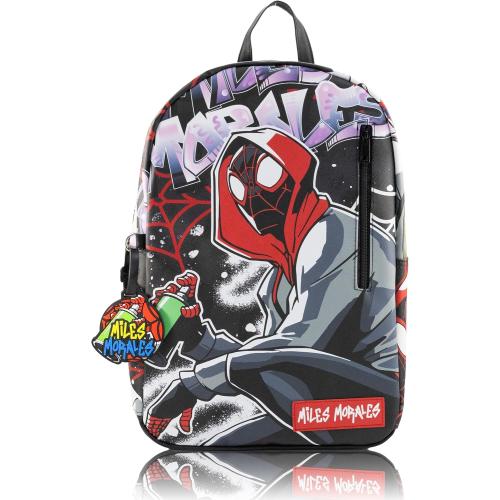 Marvel Miles Morales Spiderman Backpack for Teens | 16 Saffiano Leather School Bookbag with Rubber Luggage Tag | Spiderman Backpack for Boys, Girls, Unisex | Officially Licensed Marvel