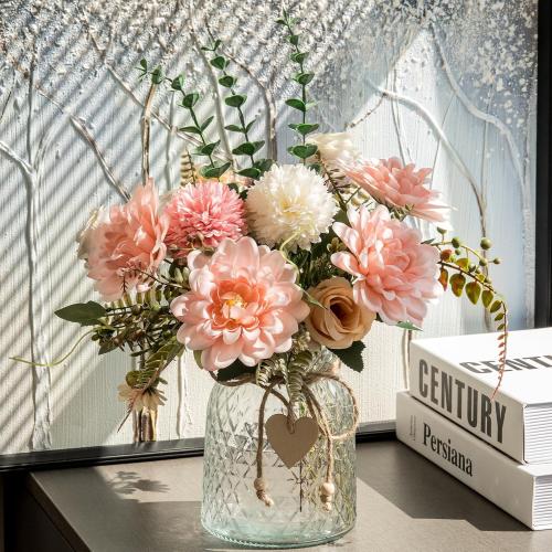 3 Pack Set Fake Flowers With Vase, Faux Silk Pink Dahlia Artificial Flowers for Home Decor, Coffee Table, Living Room, Bathroom Plant Decor
