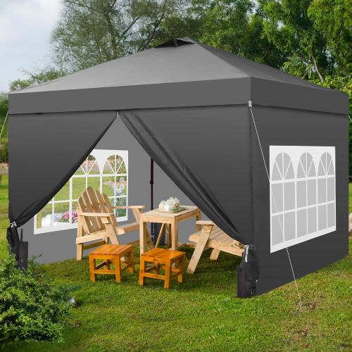 GDY 10x10 Pop Up Canopy Tent with 4 Sidewalls, Easy Set up with One Push Lift Outdoor Silver Coated Beach Gazebos, Carpas with 4 Sandbags, for Events, Parties,Camping, Gray.