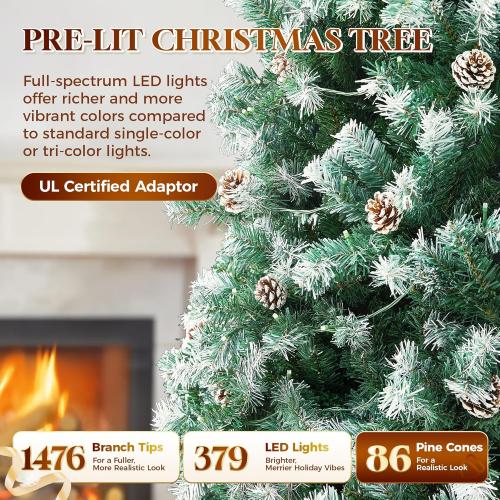 HOLLO STAR 7.5 ft Prelit Christmas Tree with 379 LED Lights, App Control, Artificial Christmas Tree, Multi-Color RGBW Lights, 1476 Flocked Frosted Tips, 86 Pine Cones, Metal Base, for Home, Party