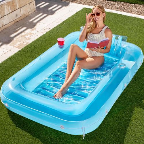 SLOOSH Inflatable Tanning Pool Lounger Float, 70 x 46 Pool Floats Adult with Pillow, 4 in 1 Suntan Tub Raft Floatie,Sunbathing Bed Lounge for Water Blow Up Kids Ball Pit Party Gifts, L-Blue