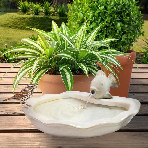 Sunnydaze Glazed Ceramic Fish 7-Inch Outdoor Garden Fountain - Outdoor Tabletop Fountain for Patio, Deck, Garden