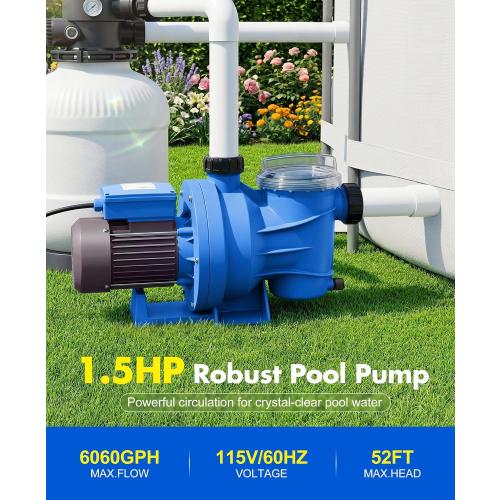 BluSwim 1.5 HP Self-Priming Pool Pump Max 6060GPH High Flow | 52FT Head Lift Energy Efficient, In/Above Ground Pool Pump with Hose Adapter, Boost Water Circulation & Filtration