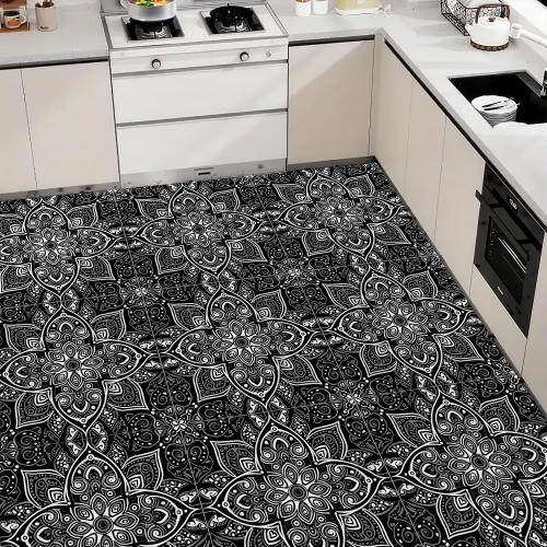 10PCS 12x12 Inch Peel and Stick Floor Tiles Self Adhesive Vinyl Flooring Tile Black White Mandala Pattern Removable Decals Bathroom Kitchen Living Room DIY Home Decoration