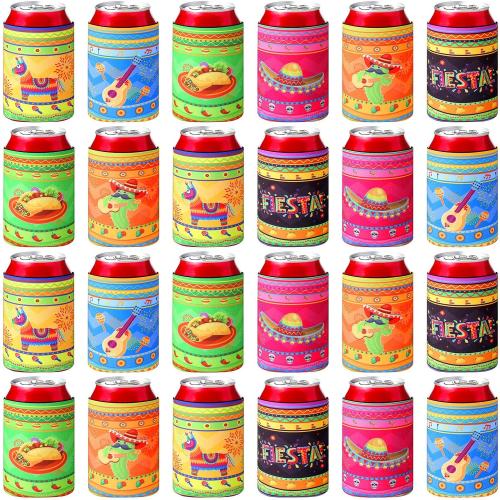 Shellwei 24 Pcs Mexican Party Favors Fiesta Can Cooler Sleeves,Novel | Cinco De Mayo Beer Can Cooler, Fits 12 oz Cans Bottles, Insulated Drink Holder, for Tacos Tequila Birthday Party Supplies