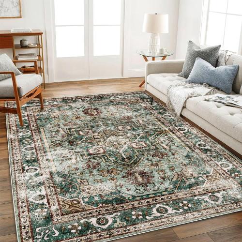 Green Area Rug 9'x12' Washable Vintage Traditional Mat Distressed Indoor Foldable Thin Retro Accent Floral Print Rug Non Slip Carpet for Living Room Dining Room Office