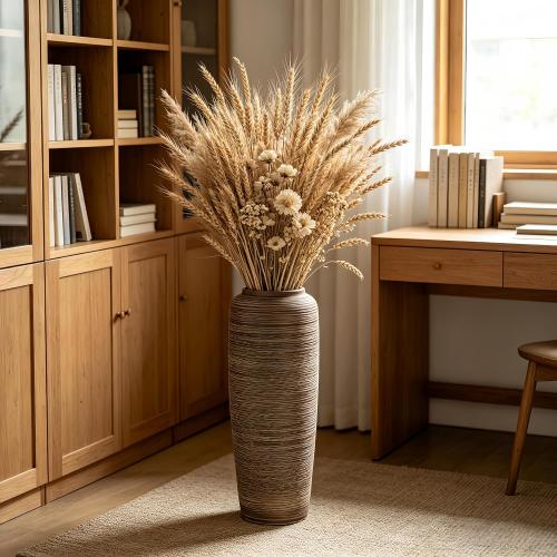 19.7 Inch Rustic Ceramic Large Floor Vase, Ribbed Textured Rustic Farmhouse Vase for Pampas Grass, Living Room & Entryway Décor, Handmade Ceramic Accent