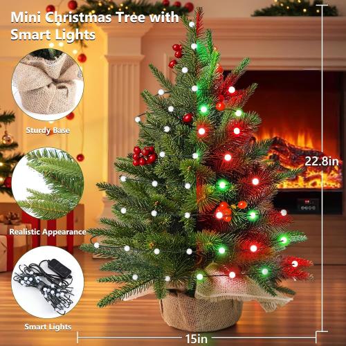 Brizled Smart Mini Christmas Tree, 22.8in DIY Smart-Lit Tabletop Tree with 75 LED RGB Lights, App/Voice Control 159  Scenes Mini Xmas Tree USB C Music Small Tree Work with PD Power for Fireplace Desk