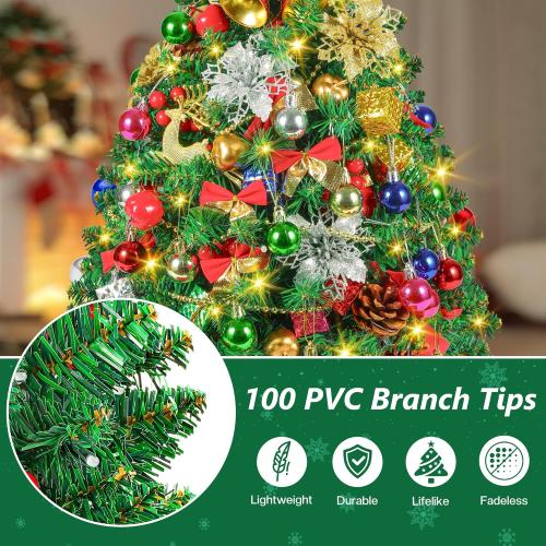 2FT Mini Christmas Tree, Artificial Tabletop Christmas Trees with 60 LED Lights, Prelit Small Christmas Tree, 100 Branch Tips, 80 Ornaments, Indoor Christmas Table Decor for Home Party