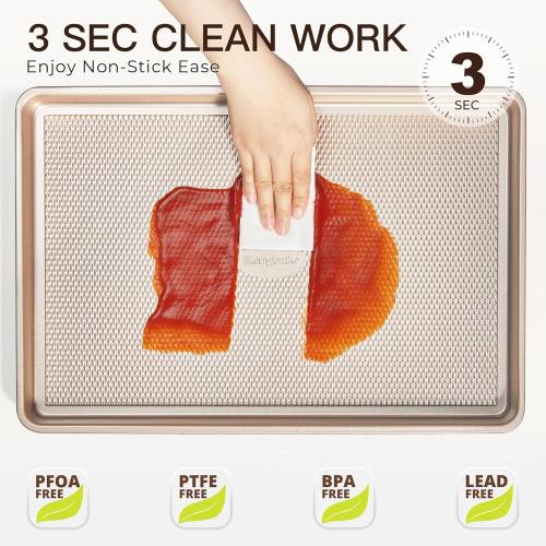 HONGBAKE Baking Sheet Pan Set of 3, Cookie Sheets for Oven, Nonstick Half/Quarter/Jelly Roll Pans with Diamond Texture Pattern, 0.8mm Thick Heavy Duty Cookie Tray, Champagne Gold