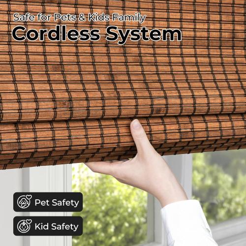 UNISHADES Cordless Bamboo Roman Shades for Windows, 100% Blackout Backing Fabric for Light Blocking, 36 W × 64 H - Penang Teak