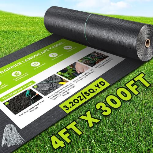 4ft x 300ft Weed Barrier Landscape Fabric, 3.2oz Heavy Duty Woven Fabric | Block Gardening Mat Ground Cover, Weed Control Garden Cloth for Gardening Ground, Landscaping, Driveway
