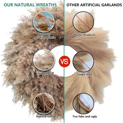Brown 20 Natural Pampas Grass Wreath, 20'' Real Pampas Wreath for Front Door, Boho Wall Decor, Farmhouse Style, DIY Arrangement, Feather Wall Decor
