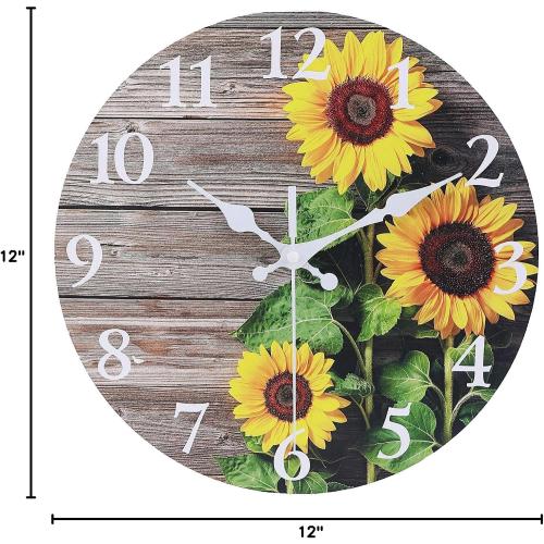 Sunflower Kitchen Decor Round Wall Clock 12 Inch Silent Non Ticking Battery Operated Wood Clock for Bedroom Bathroom Living Room